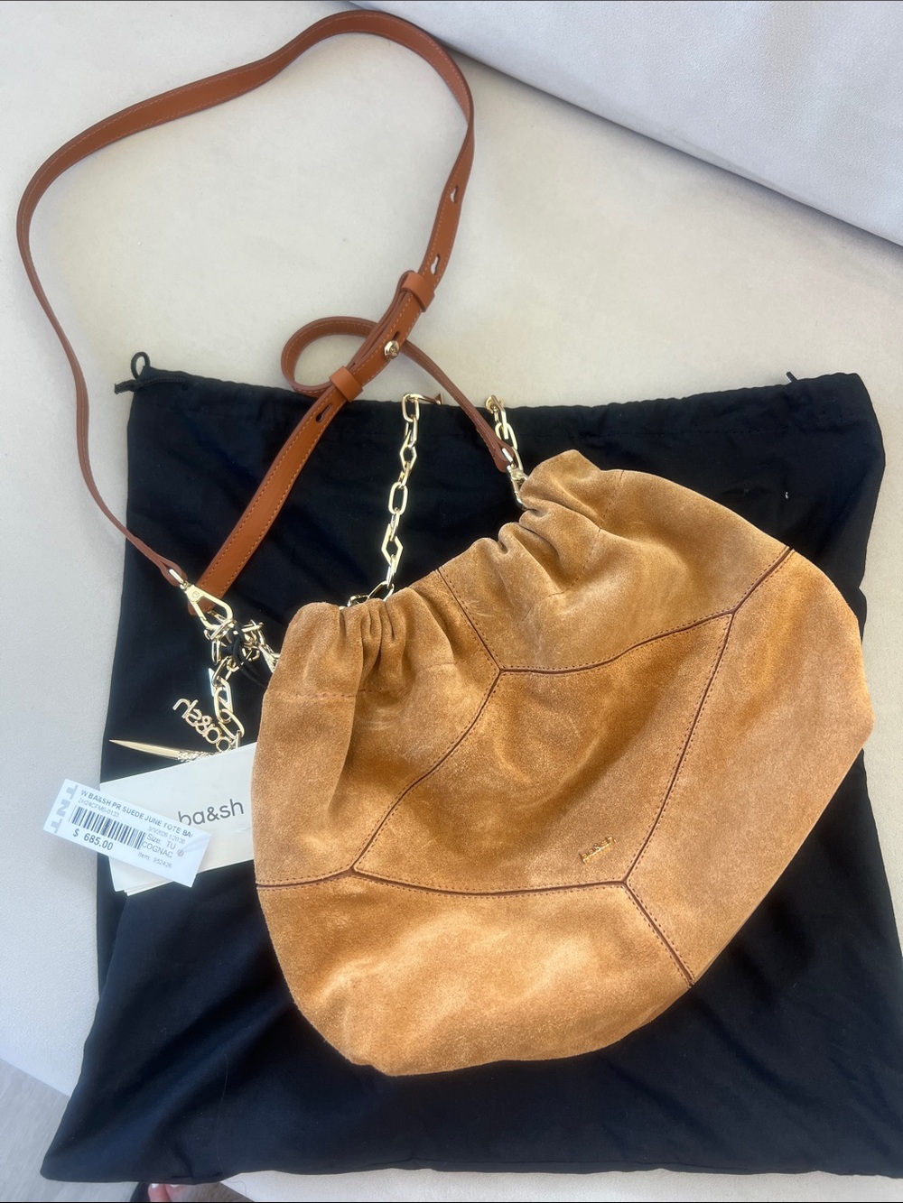 ba&sh Caramel Suede Shoulder Bag with Gold Chain brand new with tag